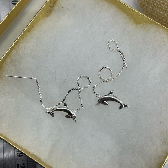 Vintage JCM Sterling Silver Dolphin Threader Earrings - Picture 9 of 14